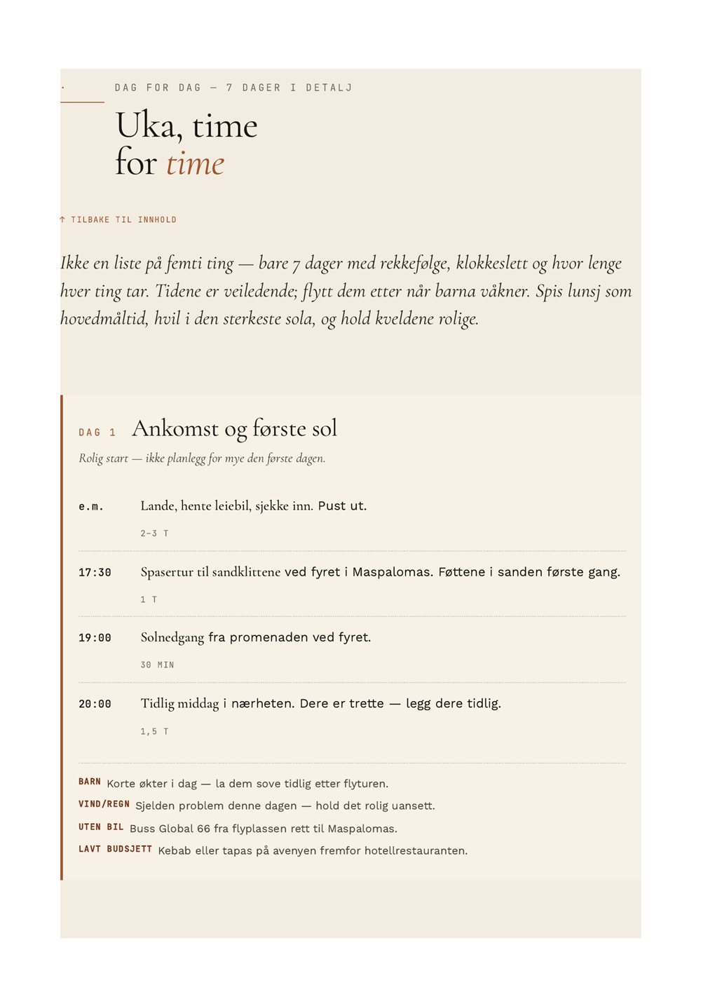 Side fra guiden: Dag 1, time for time